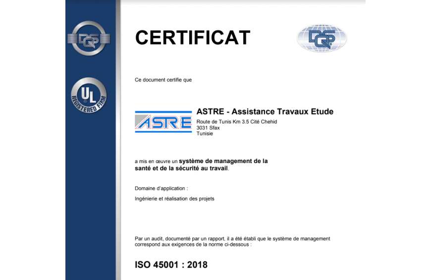 ASTRE certification ISO 45001 